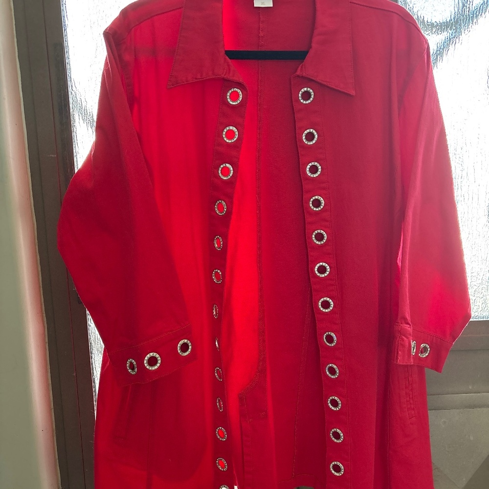 Tia Designs Silver Grommet Accents, 3/4 Sleeve, Elongated Denim Jacket blue